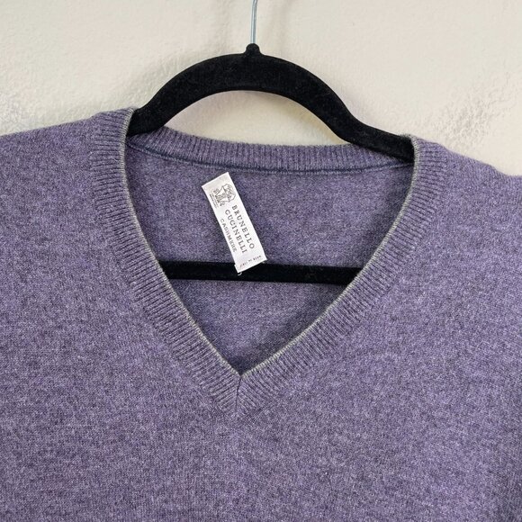 BRUNELLO CUCINELLI Mens 54 Purple V Neck 100% Cashmere Sweater *FLAW* - Picture 2 of 11